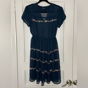 River Island Navy Sheer Peter Pan Collar Colorful Floral Embroidered Mini Dress